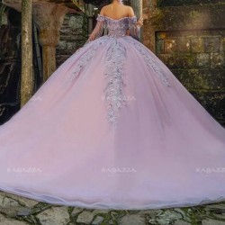 Sparkly Lilac Ball Gown Quinceanera Dress Elegant Luxury Prom Dresses 3D Floral Appliques Lace Beads Tull Party Birthday vestido