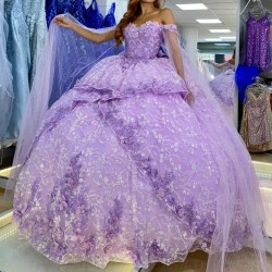 Sparkly Lilac Quinceanera Dress Ball Gown 3D Flower Applique Beading Tull Mexico Corset Sweet 16 Vestidos De 15 Anos