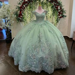 Sparkly Mint Green Quinceanera Dresses Applique With Big Bow Off Shoulder Corset Prom vestido de 15 anos