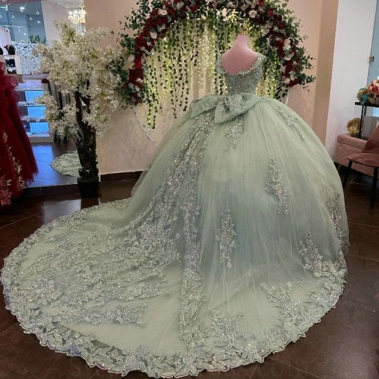 Sparkly Mint Green Quinceanera Dresses Applique With Big Bow Off Shoulder Corset Prom vestido de 15 anos