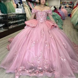 Sparkly Princess Pink Quinceanera Dresses Floral Applique Lace Beads Corset vestidos de 15 quinceanera 2024 Prom Lace Up