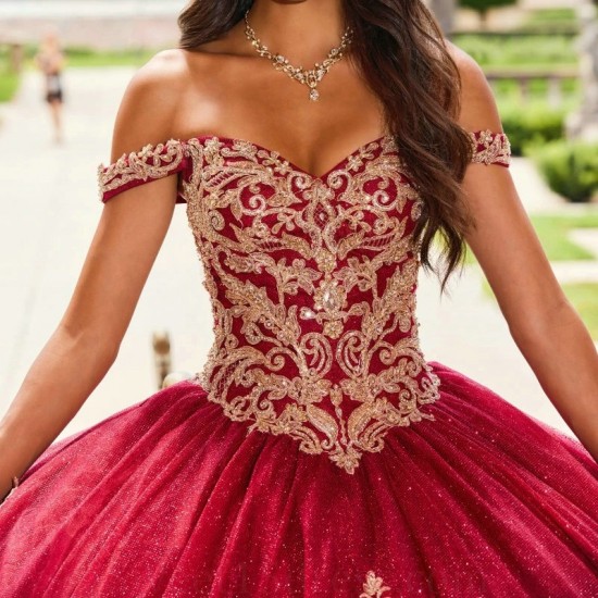 Sparkly Red Off the Shoulder Quinceanera Dresses Golden Appliques Lace Beading Ball Gown Sparkly Crystatls Vestidos De 15 Anos