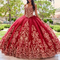 Sparkly Red Off the Shoulder Quinceanera Dresses Golden Appliques Lace Beading Ball Gown Sparkly Crystatls Vestidos De 15 Anos