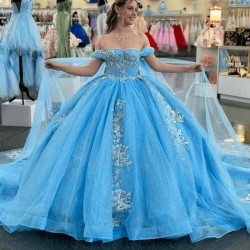 Sweetheart Blue Quinceanera Dress Ball Gown With Cape Appliques Lace Beads Tull Sweet 16 Vestidos De Fiesta Vestido De 15