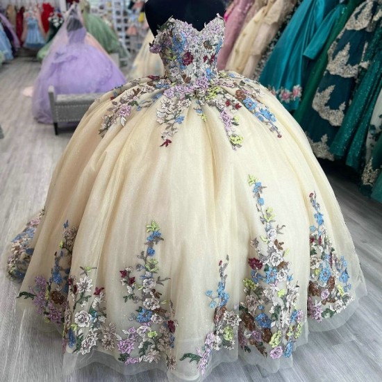 Sweetheart Champagne Shiny Quinceanera Dress Ball Gown Mexican Applique Lace Sweet 16 Princess Vestidos De 15 XV Anos