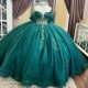 Sweetheart Emerald Green Ball Gown Quinceanera Dresses Off Shoulder Crystal Appliques Lace Sweet 16 Dress Lace up Vestido