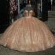 Sweetheart Gold Puffy Skirt Princess Quinceanera Dresses Off shoulder Gillter Lace-up Corset Charro vestido xv 15 anos mexican