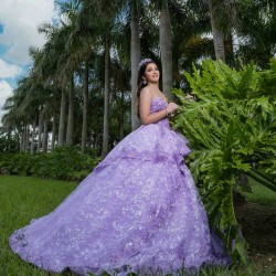 Sweetheart Lavender Ball Gown Quinceanera Dress Beaded Appliques Birthday Party Gowns 3D Flowers Ruffles Sweet 16 15Robe De 