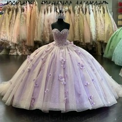 Sweetheart Lavender Shiny Ball Gown Quinceanera Dress Off The Shoulder 3D Flowers Appliques Beading Corset Vestidos Para XV Anos