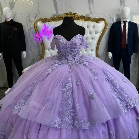 Sweetheart Lavender Shiny Quinceanera Dresses Off The Shoulder Applique Lace Bow Beads Tull Sweet 15 Birthday Party Ball Gowns