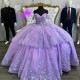 Sweetheart Lavender Shiny Quinceanera Dresses Off The Shoulder Applique Lace Bow Beads Tull Sweet 15 Birthday Party Ball Gowns