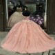 Sweetheart Light Pink Shiny Princess Ball Gown Quinceanera Dress Long Sleeve Beaded Appliques Party Gowns Vestidos De 15 Anos