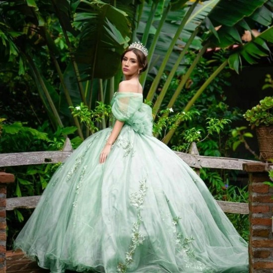 Sweetheart Mint Ball Gown Quinceanera Dress Tulle Applique Lace Beads Tull Off the Shoulder Party Gown Sweet 16 Vestido De 15