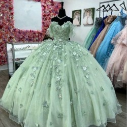 Sweetheart Mint Green Shiny Ball Gown Quinceanera Dresses 2024 Flowers Lace Appliques Beading Vestidos De 15 Anos