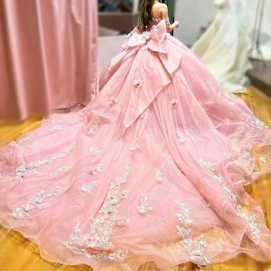 Sweetheart Pink 15 Quinceanera Dresses Lace Flower Off The Shoulder Evening Dresses Puffy Party Dress Crystal Beading Ball Gown