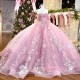 Sweetheart Pink 15 Quinceanera Dresses Lace Flower Off The Shoulder Evening Dresses Puffy Party Dress Crystal Beading Ball Gown