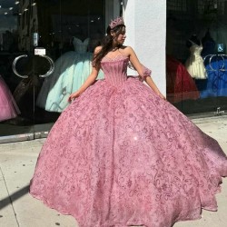 Sweetheart Pink Ball Gown Beaded Quinceanera Dress Princess Corset Dresses Appliques Beads Vestidos De 15 Anos