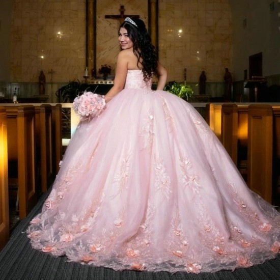 Sweetheart Pink Ball Gown Quinceanera Dresses Beaded Celebrity Party Gowns Applique Lace Tull Graduation Vestido De 15 Anos Robe