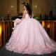 Sweetheart Pink Ball Gown Quinceanera Dresses Beaded Celebrity Party Gowns Applique Lace Tull Graduation Vestido De 15 Anos Robe