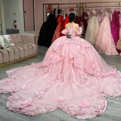 Sweetheart Pink Ball Gown Quinceanera Dresses Beads Appliques Flower Long Prom Dress Birthday Party Gowns Vestidos De 15 Anos