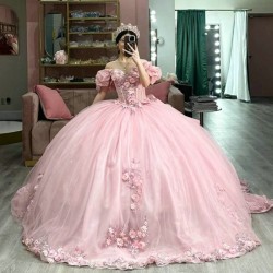 Sweetheart Pink Ball Gown Quinceanera Dresses Beads Appliques Flower Long Prom Dress Birthday Party Gowns Vestidos De 15 Anos