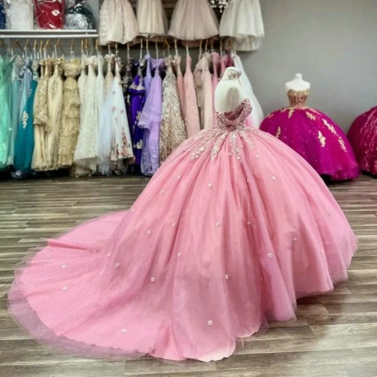 Sweetheart Pink Ball Gown Quinceanera Dresses Flowers Appliques Lace Beads Corset Prom Vestido De 15 Anos