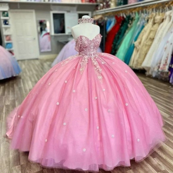 Sweetheart Pink Ball Gown Quinceanera Dresses Flowers Appliques Lace Beads Corset Prom Vestido De 15 Anos