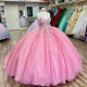 Sweetheart Pink Ball Gown Quinceanera Dresses Flowers Appliques Lace Beads Corset Prom Vestido De 15 Anos