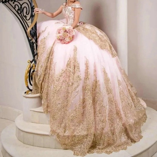 Sweetheart Pink Princess Ball Gown Quinceanera Dress Gold Lace Appliques Beading Tull Sweet 16 Dress Vestidos De 15 Anos