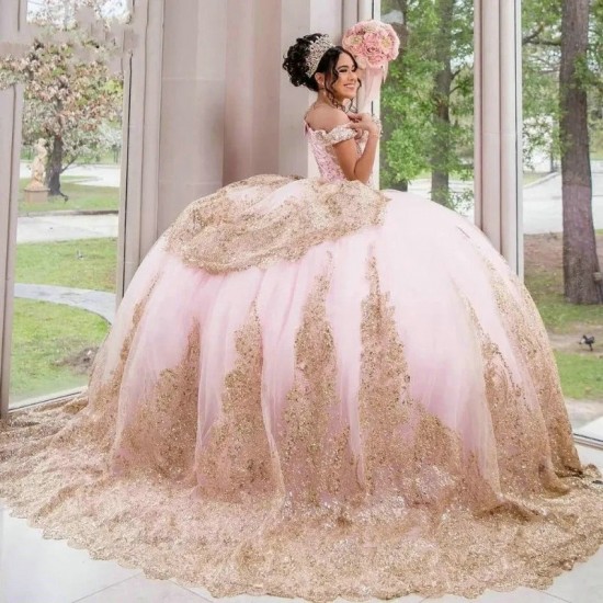 Sweetheart Pink Princess Ball Gown Quinceanera Dress Gold Lace Appliques Beading Tull Sweet 16 Dress Vestidos De 15 Anos