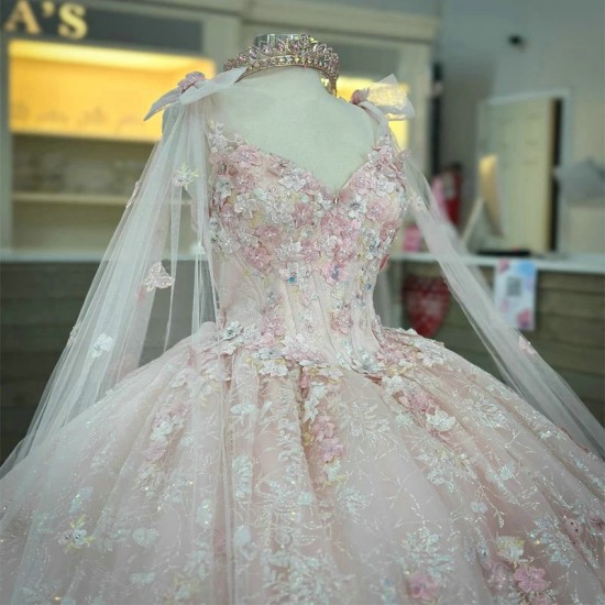 Sweetheart Pink Princess Ball Gown Quinceanera Dress With Cape Beaded Appliques 3DFlower Tull Party Gowns Vestidos De 15 Anos