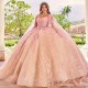 Sweetheart Pink Shiny Princess Quinceanera Dress Lace Beading Tull With Cape Ball Gowns Vestidos De 15 Anos