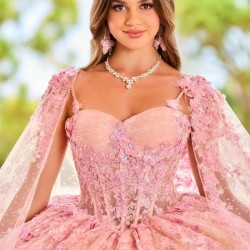 Sweetheart Pink Shiny Princess Quinceanera Dress Lace Beading Tull With Cape Ball Gowns Vestidos De 15 Anos