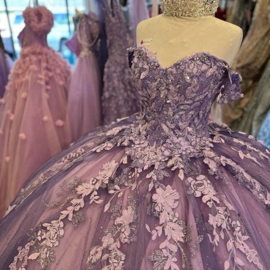 Sweetheart Purple Glitter Ball Gown Quinceanera Dresses Off The Shoulder Applique Lace Beading Corset Vestidos De 15 Anos