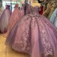 Sweetheart Purple Glitter Ball Gown Quinceanera Dresses Off The Shoulder Applique Lace Beading Corset Vestidos De 15 Anos