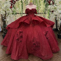 Sweetheart Red Shiny Off Shoulder Ball Gown Quinceanera Dresses Tulle Lace Beaded Appliques Sweet 16 Dress Vestido De 15 Anos