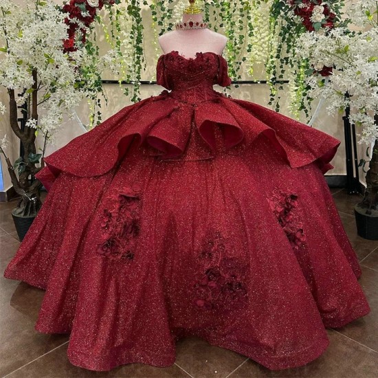 Sweetheart Red Shiny Off Shoulder Ball Gown Quinceanera Dresses Tulle Lace Beaded Appliques Sweet 16 Dress Vestido De 15 Anos