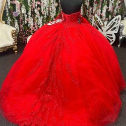 Sweetheart Red Shiny Quinceanera Dress Applique Lace Ball Gown Long Sleeved Crystal Tull Sweet 15 Vestidos De XV Anos