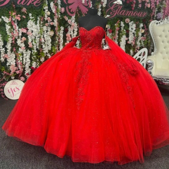 Sweetheart Red Shiny Quinceanera Dress Applique Lace Ball Gown Long Sleeved Crystal Tull Sweet 15 Vestidos De XV Anos