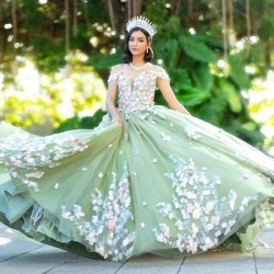 Sweetheart Sage Green Quinceanera Dress Ball Gown Mexican 3D Flowers Applique Lace Sweet 16 Princess Vestidos De XV Anos