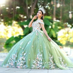 Sweetheart Sage Green Quinceanera Dress Ball Gown Mexican 3D Flowers Applique Lace Sweet 16 Princess Vestidos De XV Anos