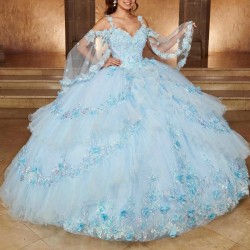 Sweetheart Sky Blue Quinceanera Dresses Ball Gown 3D Floral Flowers Appliques Lace Off Shoulder Corset For Sweet 15 Girls