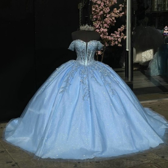 Sweetheart Sky Blue Quinceanera Dresses For 16 Party Princess Appliques Tulle Lace Beads Birthday Party Dress