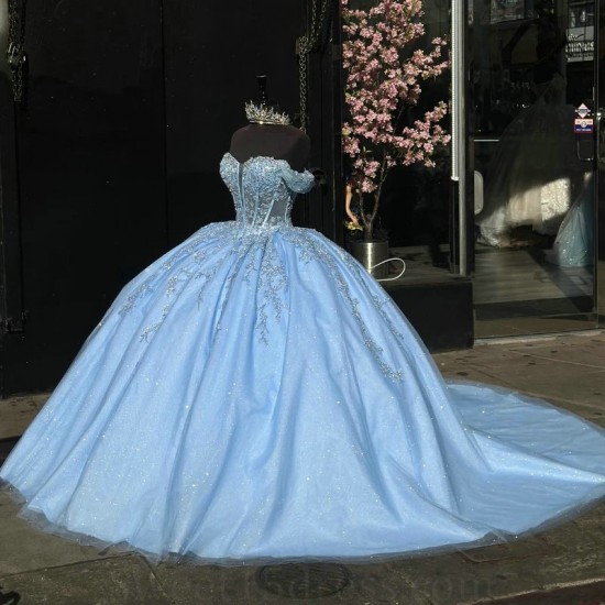 Sweetheart Sky Blue Quinceanera Dresses For 16 Party Princess Appliques Tulle Lace Beads Birthday Party Dress