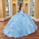 Sweetheart Sky Blue Quinceanera Dresses Off Shoulder Ball Gown 3D Floral Flowers Appliques Lace Corset For Sweet 15 Girls