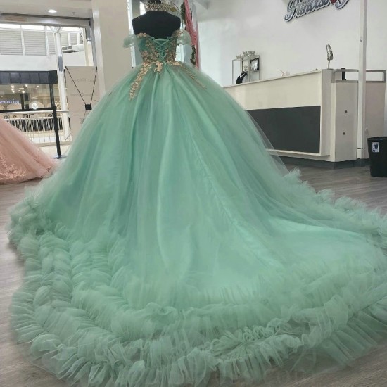 Tiered Light Green Shiny Floral Appliqued Tull Quinceanera Dress Sweet 15 Dress Cocktail Vestidos De Baile Ball Gown Vestidos De