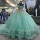 Tiered Light Green Shiny Floral Appliqued Tull Quinceanera Dress Sweet 15 Dress Cocktail Vestidos De Baile Ball Gown Vestidos De