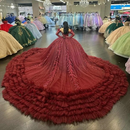 Tiered Red Princess Quinceanera Dresses 2024 Applique Lace Beads Tull Lace-up Corset Off Shoulder Vestidos De 15 Anos Prom