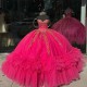 Tiered Rose Red Quinceanera Dresses For Sweet 16 Girls Ball Gown Appliques Lace Tull 15 Birthday Party Prom Dress Pageant Miss