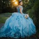 Tiered Sky Blue Princess Quinceanera Dress Ball Gown Lace Applique Beading Tull Corset Sweet 16 Vestido 15 De Anos